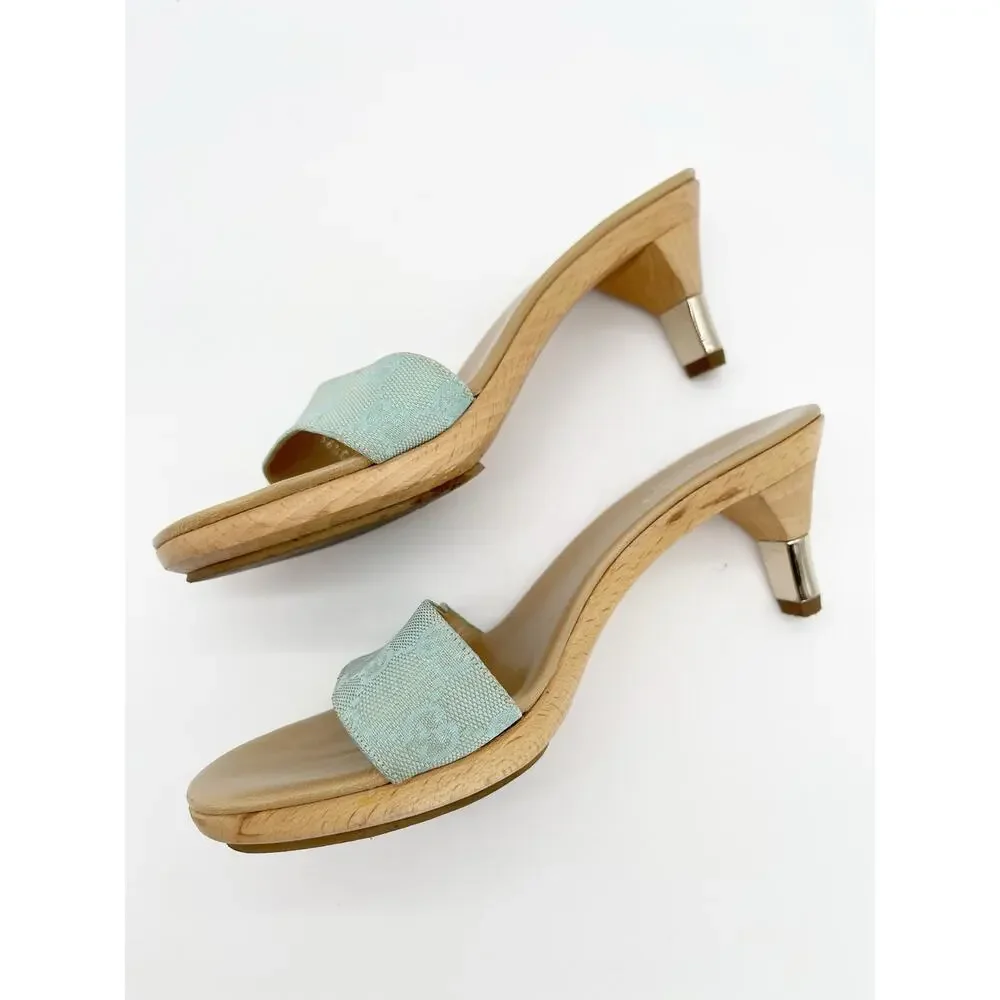 Gucci Vintage Teal GG Monogram Canvas Wooden Heel Slide Mule Sandals EU 36.5